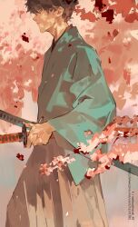 1boy adam&#039;s_apple black_hair black_hakama blue_kimono cherry_blossoms command_spell fate/samurai_remnant fate_(series) hakama highres holding holding_sheath holding_sword holding_weapon japanese_clothes kalak_39 katana kimono miyamoto_iori_(fate) profile sheath sheathed solo sword topknot weapon