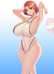 Rule 34 | 2girls, absurdres, armpits, breast envy, breasts, chibi, closed mouth, curly hair, curvy, fortune (last origin), highres, hiroshi (beolcoyote), huge breasts, last origin, long hair, looking at viewer, multiple girls, night angel (last origin), red eyes, red hair, short hair, smile, surprised, swimsuit, thighs, tight clothes, wide-eyed