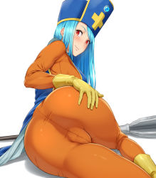 Rule 34 | 1girl, ass, blue hair, blush, bodysuit, boots, breasts, cameltoe, dragon quest, dragon quest iii, gloves, hat, long hair, looking at viewer, lying, on side, priest (dq3), red eyes, shikuta maru, skin tight, smile, solo, staff, yellow footwear, yellow gloves
