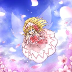 Rule 34 | 1girl, :d, blonde hair, blush, bow, bowtie, cherry blossoms, day, dress, fairy wings, fang, flower, flying, full body, hair bow, hat, highres, lily white, long hair, long sleeves, looking at viewer, open mouth, ototobe, outdoors, petals, red bow, red bowtie, shouting, smile, solo, touhou, white dress, wide sleeves, wings
