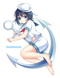 Rule 34 | 1girl, anchor, anchor symbol, barefoot, black hair, blue eyes, blush, closed mouth, dated, full body, hat, highres, looking at viewer, murasa minamitsu, red neckwear, short sleeves, smile, solo, touhou, white hat, yamayu