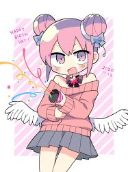 Rule 34 | :d, absurdres, angel wings, black bow, blue bow, bow, datenshi-chan (nanawo akari), double bun, fang, grey skirt, hair bun, highres, holding, long sleeves, open mouth, original, party popper, pink eyes, pink hair, pink sweater, pleated skirt, richard (richaball), skirt, smile, solo, sweater, wings
