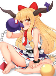 Rule 34 | 1girl, arm support, bare arms, bare legs, bare shoulders, barefoot, belt, black belt, blonde hair, blush, bow, chain, commentary request, cuffs, daichi (tokoya), drinking, gourd, hair between eyes, hair bow, hair tie, hand up, highres, holding, horn ornament, horn ribbon, horns, ibuki suika, long hair, looking at viewer, miniskirt, oni, oni horns, orb, panties, pantyshot, purple ribbon, purple skirt, red bow, ribbon, shackles, shadow, shirt, sidelocks, simple background, sitting, skirt, sleeveless, sleeveless shirt, solo, spread legs, thighs, touhou, underwear, very long hair, white background, white panties, white shirt, yellow eyes
