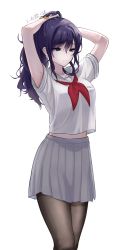 Rule 34 | 1girl, adjusting hair, armpits, arms up, asahina mafuyu, backlighting, black pantyhose, blue eyes, breasts, closed mouth, expressionless, eyelashes, feet out of frame, grey sailor collar, grey skirt, hair between eyes, hair ornament, hair over shoulder, hair scrunchie, half-closed eyes, hand in own hair, high ponytail, highres, large breasts, legs together, looking afar, midriff peek, mikeneko no osu, neckerchief, orange scrunchie, pantyhose, pleated skirt, project sekai, purple hair, red neckerchief, sailor collar, school uniform, scrunchie, shirt, short sleeves, sidelocks, simple background, skirt, solo, swept bangs, white background, white shirt