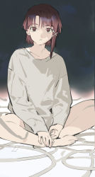 Rule 34 | 1girl, absurdres, barefoot, brown eyes, brown hair, cable, collarbone, commentary, full body, grey shirt, hair ornament, hands on feet, highres, indian style, iovebly, iwakura lain, long sleeves, looking at viewer, parted lips, serial experiments lain, shirt, short hair, sitting, sketch, solo, x hair ornament