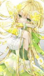 Rule 34 | 1girl, absurdres, blonde hair, breasts, bubble, detached sleeves, dress, flower, frills, green dress, green eyes, hair flower, hair ornament, highres, huge filesize, long hair, looking at viewer, medium breasts, morino wako, original, see-through clothes, sleeveless, sleeveless dress, solo, very long hair, white flower, yellow flower