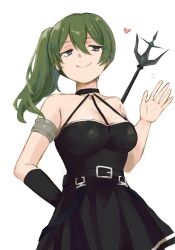 Rule 34 | 1girl, bare shoulders, black choker, black dress, breasts, choker, closed mouth, collarbone, commentary request, dress, green hair, grey eyes, gucchiann, hair between eyes, hand up, heart, highres, medium breasts, polearm, side ponytail, simple background, smile, solo, sousou no frieren, trident, ubel (sousou no frieren), weapon, white background