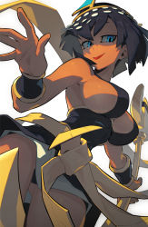 Rule 34 | 1girl, absurdres, black hair, blue eyes, bob cut, breasts, closed mouth, dark-skinned female, dark skin, eliza (skullgirls), from below, hata4564, headpiece, highres, holding, holding staff, large breasts, lips, looking at viewer, microphone stand, red lips, short hair, simple background, skullgirls, smile, solo, staff, thighs, vambraces, white background