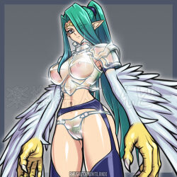 Rule 34 | 1girl, animal hands, armor, armored glass (yu-gi-oh!), black thighhighs, boobplate, breastplate, breasts, circlet, claws, cleft of venus, commentary request, duel monster, feathered wings, feathers, female pubic hair, garter belt, garter straps, green hair, green pubic hair, grey background, grey eyes, hair over one eye, harpie queen, harpy, long hair, looking at viewer, medium breasts, monster girl, navel, nipples, panties, pauldrons, pointy ears, ponytail, pubic hair, pussy, rindou akira, see-through, see-through armor, see-through panties, shoulder armor, solo, thighhighs, winged arms, wings, yu-gi-oh!