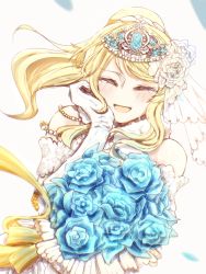 Rule 34 | 1girl, artist request, ayase eli, bare shoulders, blonde hair, blue flower, blue rose, blush, bouquet, breasts, bridal veil, bride, cleavage, crying with eyes closed, dress, earrings, elbow gloves, closed eyes, female focus, flower, frills, garter straps, gloves, hair between eyes, hair bobbles, hair flower, hair ornament, hair scrunchie, high ponytail, highres, holding, holding bouquet, jewelry, long hair, looking at viewer, love live!, love live! school idol festival, love live! school idol project, medium breasts, parted lips, ponytail, retayu arth, ribbon, rose, scrunchie, short hair, skirt, solo, strapless, strapless dress, tears, tiara, veil, wedding, wedding dress, white dress, white flower, white gloves, white scrunchie, white skirt, yellow ribbon