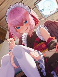 Rule 34 | 1girl, bare shoulders, black kimono, black sleeves, black wings, blue eyes, blush, bob cut, detached sleeves, feathered wings, frilled sleeves, frills, highres, holding, holding mahjong tile, indie virtual youtuber, japanese clothes, kimono, long sleeves, magowasabi, mahjong, mahjong tile, maid, maid headdress, nervous smile, obi, panties, panty pull, pink hair, pink panties, pulling own clothes, sash, senba kurono, short hair, short kimono, sitting, sleeveless, sleeveless kimono, smile, smirk, solo, thick eyebrows, thighhighs, underwear, virtual youtuber, wa maid, white thighhighs, wide sleeves, wings