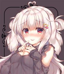 Rule 34 | 1girl, :p, ahoge, blush, breasts, cleavage, cleavage cutout, clothing cutout, commentary request, grey sweater, hair ornament, hairclip, hands up, heart, heart-shaped pupils, heart ahoge, heart hair ornament, long hair, long sleeves, looking at viewer, nose blush, original, red eyes, ribbed sweater, silver hair, small breasts, smile, solo, suzunone rena, sweater, symbol-shaped pupils, tongue, tongue out