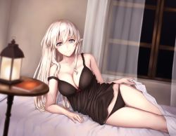 Rule 34 | 1girl, bare arms, bare shoulders, bed, black panties, black shirt, blanket, blue eyes, blurry, breasts, camisole, cleavage, collarbone, curtains, depth of field, elf, enchuu, indoors, lamp, large breasts, long hair, looking at viewer, lying, md5 mismatch, night, no pants, on bed, on side, original, panties, pointy ears, resolution mismatch, shirt, sidelocks, sleeveless, sleeveless shirt, smile, solo, source larger, strap slip, table, underwear, white hair, window