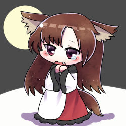 Rule 34 | 1girl, animal ears, brown hair, chibi, dress, fang, full moon, grey background, hands on own chest, imaizumi kagerou, layered dress, long hair, long sleeves, looking away, moon, nanai07, open mouth, own hands together, red eyes, shadow, simple background, solo, tail, tears, touhou, wolf ears, wolf tail