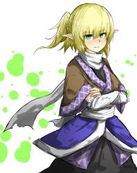 Rule 34 | 1girl, arm support, bad id, bad pixiv id, blonde hair, blush, green eyes, japanese clothes, kankan33333, mizuhashi parsee, pointy ears, scarf, solo, touhou