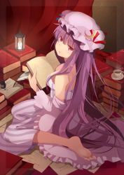 Rule 34 | 1girl, bad id, bad pixiv id, barefoot, blush, book, book stack, breasts, candle, cleavage, crescent, cup, feet, female focus, hat, holding, holding book, inkwell, jitome, lantern, long hair, looking at viewer, looking back, marotti, medium breasts, off shoulder, papers, patchouli knowledge, purple eyes, purple hair, quill, sitting, soles, solo, teacup, toes, touhou, very long hair, wariza