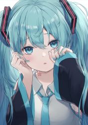 Rule 34 | 1girl, ashika (yftcc948), blue eyes, blue hair, blue nails, blue necktie, collarbone, hatsune miku, highres, long hair, looking at viewer, nail polish, necktie, number tattoo, open mouth, simple background, solo, tattoo, twintails, upper body, vocaloid, white background