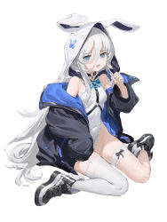 Rule 34 | 1girl, 2t (vmyz7342), animal hood, asymmetrical legwear, blue bow, blue eyes, bow, breasts, character request, cleft of venus, clothing aside, copyright request, covered navel, dress, dress aside, hair between eyes, hand up, hood, hood up, jacket, long hair, looking at viewer, mismatched legwear, o-ring, off shoulder, open clothes, open jacket, open mouth, shoes, simple background, single thighhigh, sitting, sleeves past fingers, sleeves past wrists, small breasts, solo, thigh strap, thighhighs, two-sided fabric, two-sided jacket, wariza, white background, white hair, white thighhighs