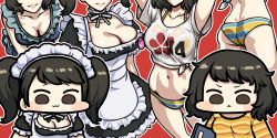 Rule 34 | 1girl, ass, back, bikini, black hair, breasts, cleavage, jazz jack, kawakami sadayo, maid, multiple views, navel, persona, persona 5, red background, short hair, simple background, smile, striped bikini, striped clothes, swimsuit, twintails