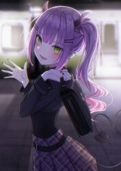 Rule 34 | 1girl, absurdres, bag, black horns, black nails, black shirt, blurry, blurry background, blush, commentary, cowboy shot, demon girl, demon horns, demon tail, green eyes, hands up, highres, holding, holding bag, hololive, horns, indoors, karou (lhscck302), long hair, looking at viewer, miniskirt, multicolored hair, nail polish, official alternate costume, open hand, open mouth, pink hair, plaid, plaid skirt, pleated skirt, pointy ears, purple hair, purple skirt, school uniform, shirt, sidelocks, skirt, sleeve cuffs, smile, solo, standing, streaked hair, tail, tokoyami towa, tokoyami towa (school uniform), train, train station, twintails, virtual youtuber