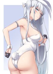 Rule 34 | 1girl, absurdres, animal ears, ass, black gloves, blue eyes, blush, border, breasts, closed mouth, fake animal ears, fake tail, fuyutsuki (kancolle), gloves, gradient background, grey background, grey hair, half gloves, highres, kantai collection, kiritto, large breasts, leotard, long hair, looking at viewer, one side up, playboy bunny, rabbit ears, rabbit tail, silver leotard, solo, tail, twisted torso, very long hair, white border