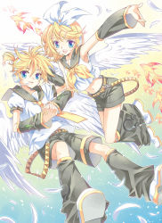 Rule 34 | 1boy, 1girl, animal, bad id, bad pixiv id, blonde hair, blue eyes, boots, brother and sister, detached sleeves, feathers, fish, hair ornament, hairclip, headset, kagamine len, kagamine rin, midriff, musical note, open mouth, ron (lovechro), short hair, shorts, siblings, sleeveless, smile, twins, vocaloid, wings