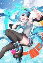 Rule 34 | 1girl, ahoge, aqua hair, armpits, blue eyes, detached sleeves, hair between eyes, hatsune miku, headset, index finger raised, inline skates, long hair, looking at viewer, nail polish, necktie, open mouth, qys3, roller skates, skates, skirt, solo, thighhighs, twintails, very long hair, vocaloid