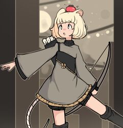 Rule 34 | 1girl, animal ears, arrow (projectile), black socks, blonde hair, bow (weapon), brown sky, commentary, dress, english commentary, feet out of frame, full moon, grey dress, highres, holding, holding bow (weapon), holding weapon, long sleeves, looking afar, medium bangs, mino dev, moon, mouse ears, mouse girl, mouse tail, nimi the archer mouse, open mouth, quiver, rabbit and steel, short hair, socks, solo, tail, tomato, weapon, wide sleeves, yellow eyes