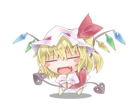 Rule 34 | 1girl, :d, = =, blonde hair, blush stickers, chibi, closed eyes, fang, female focus, flandre scarlet, hat, hat ribbon, holding, nyagakiya, open mouth, ribbon, side ponytail, simple background, smile, solo, standing, touhou, white background, wings