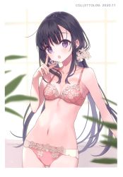 Rule 34 | 1girl, :o, absurdres, armpits, bare arms, bare shoulders, black hair, bra, breasts, cleavage, collarbone, cowboy shot, flower, hair flower, hair ornament, highres, index finger raised, long hair, looking at viewer, low twintails, medium breasts, miyoshino, navel, open mouth, original, panties, pink bra, pink panties, purple eyes, scan, sidelocks, solo, standing, stomach, twintails, underwear, underwear only, very long hair