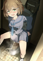 Rule 34 | 1girl, absurdres, bag, blush, brown hair, embarrassed, funikuri, green eyes, hair ornament, hairclip, highres, looking at viewer, open mouth, original, peeing, peeing self, public bathroom, puddle, school uniform, shoes, skirt, socks, steam, urinal, urinal use, wet, wet clothes, wet skirt