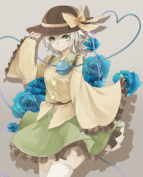 Rule 34 | 1girl, black hat, blouse, blue flower, blue rose, dress, female focus, flower, frills, green eyes, grey background, hand on headwear, hands in opposite sleeves, hat, hat ribbon, heart, heart-shaped pupils, heart of string, highres, komeiji koishi, looking at viewer, neon (co2co8), ribbon, rose, shadow, shirt, short hair, silver hair, skirt, smile, solo, symbol-shaped pupils, thighhighs, third eye, touhou, white thighhighs, wide sleeves, yellow shirt