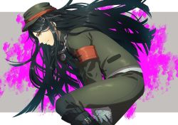 Rule 34 | 1boy, armband, bandaged hand, bandages, between legs, black footwear, black hair, blood, boots, brown eyes, brown hat, brown jacket, brown pants, chain, chain necklace, closed mouth, commentary request, danganronpa (series), danganronpa v3: killing harmony, feet out of frame, grey background, hagi (hagi 0), hand between legs, hat, jacket, jewelry, knee boots, long hair, long sleeves, looking at viewer, male focus, necklace, pale skin, pants, peaked cap, pink blood, shinguji korekiyo, shiny clothes, solo, white background