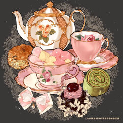 Rule 34 | artist name, bow, cake, cherry, chocolate, commentary, cup, cupcake, dessert, doily, english commentary, floral print, flower, food, food focus, fruit, le delicatessen, marshmallow, matcha (food), no humans, original, pink theme, saucer, sparkle, still life, tagme, teacup, teapot