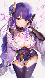 Rule 34 | 1girl, absurdres, arm under breasts, between breasts, black thighhighs, blunt bangs, blush, braid, breasts, bridal gauntlets, cleavage, collarbone, electricity, flower, genshin impact, grey background, hair flower, hair ornament, highres, human scabbard, japanese clothes, jehyun, kimono, kimono pull, large breasts, long hair, long sleeves, looking at viewer, mole, mole under eye, musou isshin (genshin impact), neck ribbon, obi, parted lips, purple eyes, purple flower, purple hair, purple kimono, raiden shogun, red ribbon, ribbon, sash, sheath, short kimono, shrug (clothing), simple background, single braid, solo, tassel, thighhighs, unsheathing, v-shaped eyebrows, very long hair, wide sleeves, zettai ryouiki