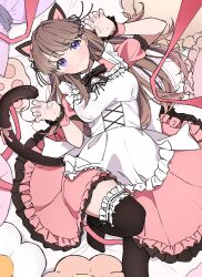 Rule 34 | 1girl, :3, animal ears, apron, black ribbon, black thighhighs, blush, breasts, brown hair, cat ears, cat tail, claw pose, closed mouth, commentary, dress, fake animal ears, fake tail, foot out of frame, frilled dress, frilled thighhighs, frills, from above, fujishima megumi, highres, knee up, link! like! love live!, liz (piyoko piyop), long hair, looking at viewer, love live!, lying, m&#039;s one day (love live!), maid, maid apron, medium breasts, medium dress, neck ribbon, official alternate costume, on back, on bed, over-kneehighs, pink dress, pink wrist cuffs, purple eyes, ribbon, short sleeves, solo, tail, thighhighs, two side up, virtual youtuber, white apron, wrist cuffs