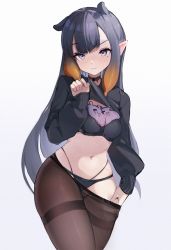 Rule 34 | 1girl, black bra, black pantyhose, black sweater, blue eyes, blunt bangs, bow, bow panties, bra, breast padding, clothes lift, clothes pull, dress, highleg, highleg panties, highres, hololive, hololive english, koahri, long hair, long sleeves, looking at viewer, mole, mole under eye, multicolored hair, ninomae ina&#039;nis, orange hair, panties, pantyhose, pantyhose pull, pointy ears, purple hair, simple background, skindentation, smile, solo, string panties, sweater, sweater dress, sweater lift, takodachi (ninomae ina&#039;nis), tentacle hair, thighband pantyhose, underwear, very long hair, virtual youtuber, white background