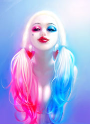 Rule 34 | 1girl, breasts, cleavage, dc comics, harley quinn, lipstick, makeup, multicolored hair, suicide squad, twintails, two-tone hair