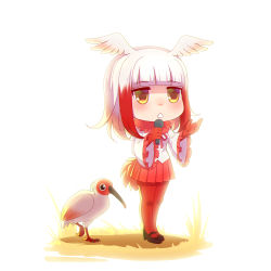Rule 34 | 10s, 1girl, 2804281484, absurdres, animal, bird, bird tail, black footwear, blonde hair, blunt bangs, chibi, crested ibis, frilled sleeves, frills, fur collar, gloves, gradient hair, head wings, heart, highres, holding, holding microphone, japanese crested ibis (kemono friends), kemono friends, long hair, long sleeves, microphone, multicolored hair, pantyhose, pleated skirt, red gloves, red pantyhose, red skirt, shirt, shoes, simple background, skirt, solo, tail, white background, white hair, white shirt, wide sleeves, wings