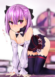 Rule 34 | 1girl, all fours, areola slip, bare shoulders, belt, black thighhighs, blurry, blush, breasts, closed mouth, corset, depth of field, detached sleeves, fate/grand order, fate (series), flat chest, hair between eyes, hat, helena blavatsky (fate), highres, indoors, knees together feet apart, looking at viewer, muoto, purple eyes, purple hair, purple thighhighs, ribbed legwear, short hair, small breasts, smile, solo, strapless, thighhighs, translation request