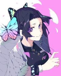 Rule 34 | 1girl, animal, black hair, black jacket, blurry, blurry foreground, breasts, bug, butterfly, butterfly hair ornament, closed mouth, commentary request, depth of field, hair ornament, highres, insect, jacket, kimetsu no yaiba, kochou shinobu, long sleeves, medium breasts, multicolored hair, open clothes, parted bangs, pink background, purple eyes, purple hair, smile, solo, streaked hair, tsurara eeri, two-tone background, upper body, white background