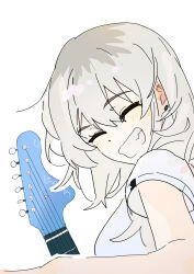 Rule 34 | 1girl, absurdres, closed mouth, commentary request, earclip, electric guitar, girls band cry, grey hair, grin, guitar, highres, instrument, kawaragi momoka, looking at viewer, multicolored hair, open mouth, roots (hair), shirt, short sleeves, simple background, smile, solo, upper body, white background, white shirt, ydpfa