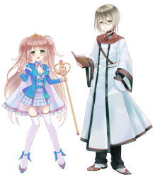 Rule 34 | 1boy, 1girl, blush, book, brown hair, cape, coat, cross, crown, dress, glasses, green eyes, grey hair, hand in pocket, long hair, open mouth, original, scepter, short hair, simple background, smile, standing, thighhighs, twintails, white thighhighs, yellow eyes, yuuki rika