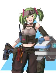 Rule 34 | 1girl, alternator, apex legends, black pants, breasts, brown eyes, brown headband, cosplay, d.o.c. health drone, delruki, delutaya, detached sleeves, drone, green hair, gun, headband, highres, holding, holding gun, holding weapon, lifeline (apex legends), lifeline (apex legends) (cosplay), looking at viewer, navel, open mouth, pants, sate, science fiction, small breasts, smile, solo, submachine gun, tank top, twintails, virtual youtuber, walkie-talkie, weapon