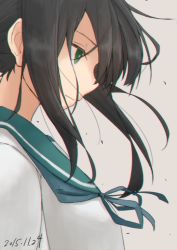 Rule 34 | 10s, 1girl, 2015, black hair, closed mouth, dated, from side, fubuki (kancolle), green eyes, grey background, kantai collection, looking to the side, portrait, profile, school uniform, serafuku, serious, sidelocks, simple background, solo, tabiaki (cosy catastrophe), tabisora, upper body