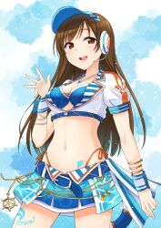 Rule 34 | 1girl, belt, bikini, blue background, blue belt, blue bikini, blue hat, blue skirt, blue wrist cuffs, blush, breasts, brown eyes, brown hair, character name, cleavage, collarbone, commentary request, cowboy shot, crop top, cropped jacket, hand up, hat, headset, heart, heart tattoo, highres, idolmaster, idolmaster cinderella girls, idolmaster cinderella girls starlight stage, jacket, jewelry, long hair, looking at viewer, medium breasts, midriff, miniskirt, multiple bracelets, navel, necklace, nitta minami, open hand, open mouth, short sleeves, signature, skirt, smile, smirs, solo, standing, swimsuit, tattoo, teeth, upper teeth only, visor cap, white jacket, wrist cuffs