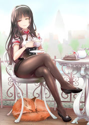 Rule 34 | 1girl, alternate costume, animal, ara haan, ara han, arm garter, asura (elsword), belt, black bow, black bowtie, black footwear, black hair, black skirt, blue sky, blunt bangs, bow, bowtie, bracelet, brooch, brown pantyhose, building, buttons, cake, cake slice, center frills, closed eyes, closed mouth, corset, cream, crossed legs, cup, day, double-breasted, drink, elsword, eyeliner, fence, food, fox, frilled shirt, frills, full body, gem, hairband, half-closed eyes, heart, heterochromia, highres, holding, holding cup, ironwork, jewelry, liquid, long hair, looking at viewer, makeup, miniskirt, narrow waist, outdoors, panties, panties under pantyhose, pantyhose, pantyshot, pavement, pencil skirt, pinky out, plant, plate, red eyes, red gemstone, saucer, servati, shirt, shoes, sitting, skirt, sky, sleeping, sleeveless, sleeveless shirt, smile, solo, table, tea, teacup, teapot, town, tree, underwear, very long hair, white panties, white shirt, wooden floor, yellow eyes