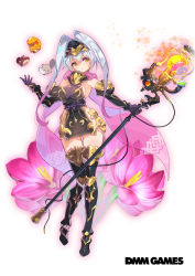 Rule 34 | 1girl, armor, black thighhighs, breastplate, colchicum (flower knight girl), copyright name, dmm, floral background, flower knight girl, full body, gradient hair, hair between eyes, highres, long hair, looking at viewer, multicolored hair, no bra, official art, orange eyes, pink hair, see-through, simple background, sleeveless, staff, standing, stigma, tagme, thighhighs, twintails, white background, white hair, wire, yellow eyes
