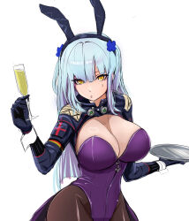 Rule 34 | 1girl, adapted costume, animal ears, black gloves, black pantyhose, blue hair, breasts, champagne flute, cleavage, cross hair ornament, cup, drinking glass, expressionless, girls&#039; frontline, gloves, hair ornament, highres, hk416 (girls&#039; frontline), ichi illust001, large breasts, leotard, looking at viewer, pantyhose, playboy bunny, purple leotard, rabbit ears, solo, white background, yellow eyes