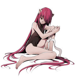 Rule 34 | 1girl, animal ears, bandaged arm, bandages, bare arms, bare legs, barefoot, black leotard, closed mouth, elfen lied, frown, full body, hair over one eye, leotard, long hair, looking at viewer, lucy (elfen lied), red eyes, red hair, simple background, sitting, solo, straight hair, togawa makoto, very long hair, white background